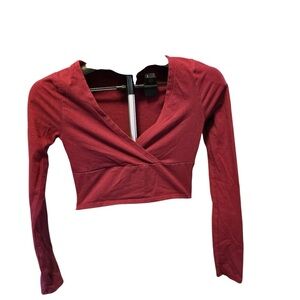 Burgundy Cropped Wrap Top Size Small | Long Sleeve V Neck